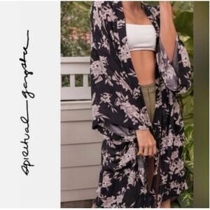 Spiritual Gangster Maya Kimono Top Black Floral 3/4 Sleeve Tie One Size